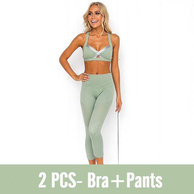 Fitness Clothing Sportswear High Waist Women Gym Leggings Tights Padded Push-up Sports Bra 2 PCS Workout Clothes Suits