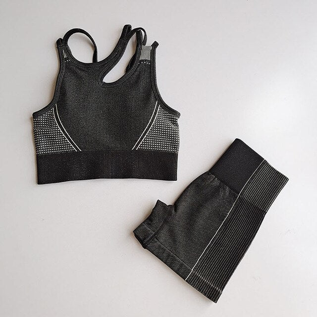Workout Clothes for Women Seamless Fitness Short Yoga Set Padded Sports Bra Short Sleeve Crop Top Workout Shorts Gym Clothing