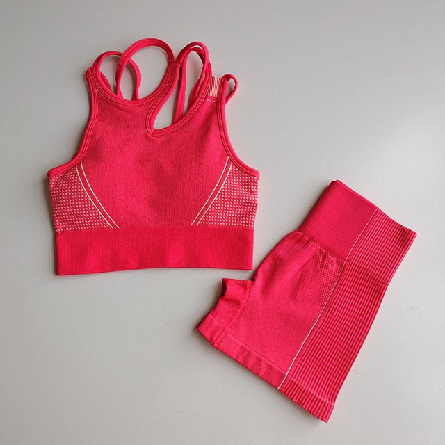 Workout Clothes for Women Seamless Fitness Short Yoga Set Padded Sports Bra Short Sleeve Crop Top Workout Shorts Gym Clothing