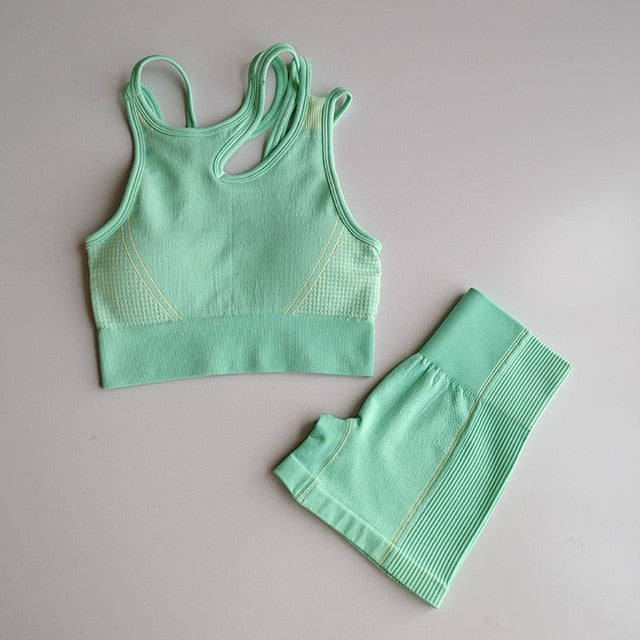 Workout Clothes for Women Seamless Fitness Short Yoga Set Padded Sports Bra Short Sleeve Crop Top Workout Shorts Gym Clothing
