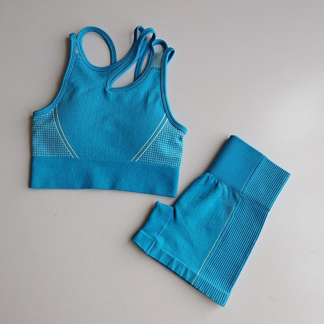 Workout Clothes for Women Seamless Fitness Short Yoga Set Padded Sports Bra Short Sleeve Crop Top Workout Shorts Gym Clothing