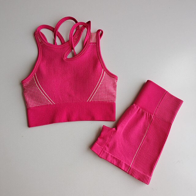 Workout Clothes for Women Seamless Fitness Short Yoga Set Padded Sports Bra Short Sleeve Crop Top Workout Shorts Gym Clothing